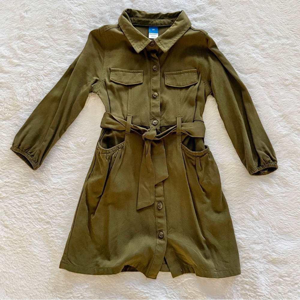 Old Navy Long Sleeve Button Front Utility Dress Olive Green Size 3T - Picture 2 of 6